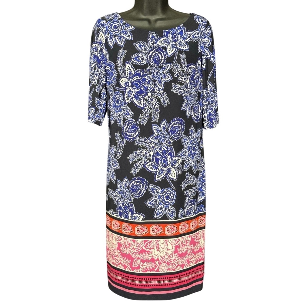 Eliza J Womens Navy Blue Floral Border Print Shift Dress Short Sleeve Size 14